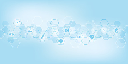 Healthcare and medical background with flat icons and symbols. Science, medicine and innovation technology conceptのイラスト素材