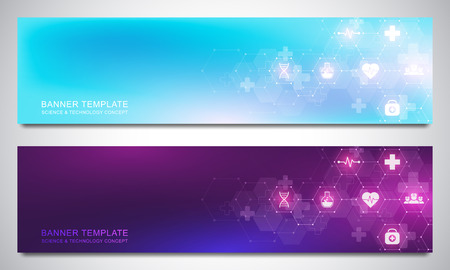 Banners design template for healthcare and medical decoration with flat icons and symbols. Science, medicine and innovation technology conceptのイラスト素材