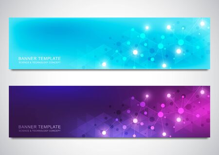 Banners and headers for site with molecules background and neural network. Genetic engineering or laboratory research. Abstract geometric texture for medical, science and technology design.のイラスト素材