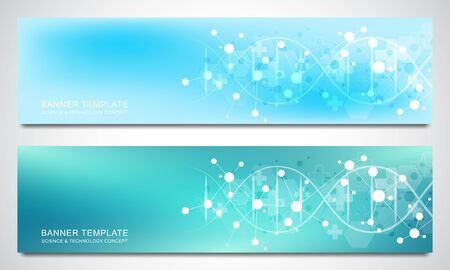 Banners and headers for site with DNA strand and molecular structure. Genetic engineering or laboratory research. Abstract geometric texture for medical, science and technology designのイラスト素材