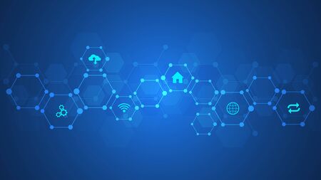 Technology background with flat icons and symbols. Concept and idea for internet of things, communication, network, innovation technology, system integration. Vector illustration.のイラスト素材