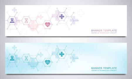 Banners design template for healthcare and medical decoration with flat icons and symbols. Science, medicine and innovation technology concept.のイラスト素材