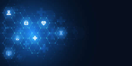 Abstract medical background with flat icons and symbols. Concepts and ideas for healthcare technology, innovation medicine, health, science and research.のイラスト素材
