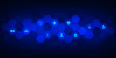 Abstract medical background with flat icons and symbols. Concepts and ideas for healthcare technology, innovation medicine, health, science and research.のイラスト素材