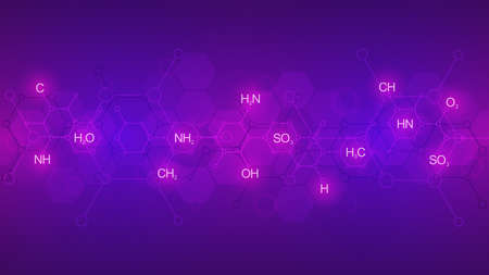 Abstract chemistry pattern on purple background with chemical formulas and molecular structures. Science and innovation technology concept.の写真素材