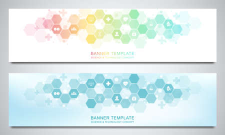 Banners design template for healthcare and medical decoration with flat icons and symbols. Science, medicine and innovation technology concept.のイラスト素材