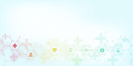Abstract medical background with flat icons and symbols. Template design with concept and idea for healthcare technology, innovation medicine, health, science and research.の写真素材