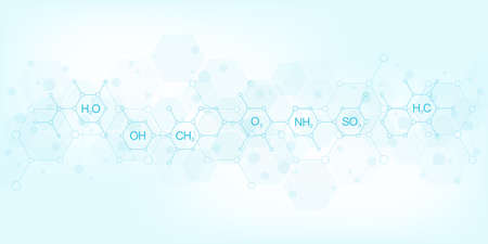 Abstract chemistry pattern on dark blue background with chemical formulas and molecular structures....