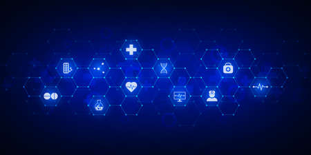 Abstract medical background with flat icons and symbols. Template design with concept and idea for healthcare technology, innovation medicine, health, science and researchの写真素材