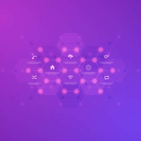 Technological infographic background with flat icons and symbols. Concept and idea for the internet of things, communication, network, innovation technology, system integrationのイラスト素材