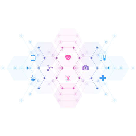 Medical background with flat icons and symbols. Template design with concept and idea for healthcare technology, innovation medicine, health, science, and researchのイラスト素材