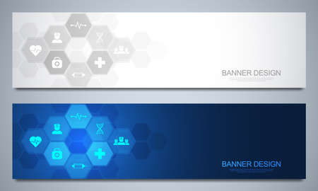 Banners design template for healthcare and medical decoration with flat icons and symbols. Science, medicine and innovation technology conceptのイラスト素材