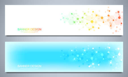 Banners design template with molecular structures and neural network. Abstract molecules and genetic engineering background. Science and innovation technology concept.のイラスト素材