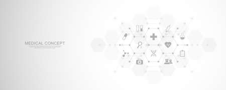 Medical background with flat icons and symbols. Template design with concept and idea for healthcare technology, innovation medicine, health, science, and researchのイラスト素材