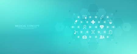 Medical background with flat icons and symbols. Template design with concept and idea for healthcare technology, innovation medicine, health, science, and researchのイラスト素材