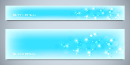 Banners design template with molecular structures and neural network. Abstract molecules and genetic engineering background. Science and innovation technology conceptのイラスト素材