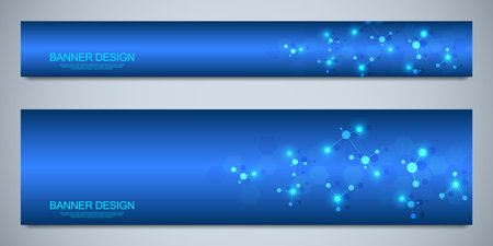 Banners design template with molecular structures and neural network. Abstract molecules and genetic engineering background. Science and innovation technology conceptのイラスト素材