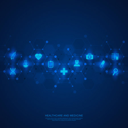 Healthcare and technology concept with flat icons and symbols. Template design for health care business, innovation medicine, pharmaceutical industry, science background, medical research.のイラスト素材