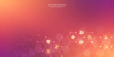 Healthcare and technology concept with flat icons and symbols. Template design for health care business, innovation medicine, pharmaceutical industry, science background, medical research.のイラスト素材