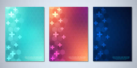 Template brochure or cover book, page layout, flyer design with hexagons pattern, and crosses. Concept and idea for health care business, innovation medicine, pharmacy, technology.のイラスト素材