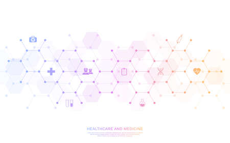 Medical background and healthcare technology with flat icons and symbols. Design template of concept...