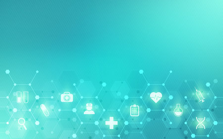 Illustration of a medical background with flat icons and symbols. Template design with concept and idea for the healthcare technology, innovation medicine, health, science and researchの写真素材