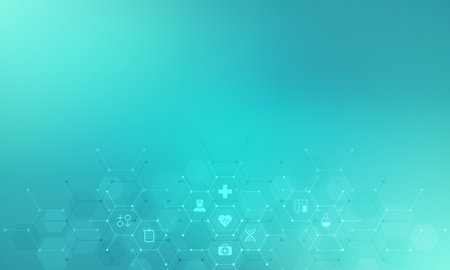 Medical background with flat icons and symbols. Template design with concept and idea for the healthcare technology, innovation medicine, health, science, and researchの写真素材