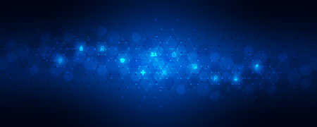 Healthcare and technology concepts with flat icons and symbols. Template design for health care business, innovation medicine, science background, medical researchの写真素材