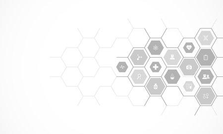 Medical background and healthcare technology with flat icons and symbols. Design template of concept...