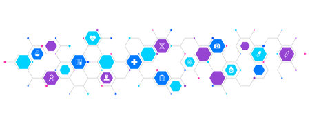 Medical background and healthcare technology with flat icons and symbols. Concept and idea for health care business, innovation medicine, health safety, science, medical research, and development.のイラスト素材