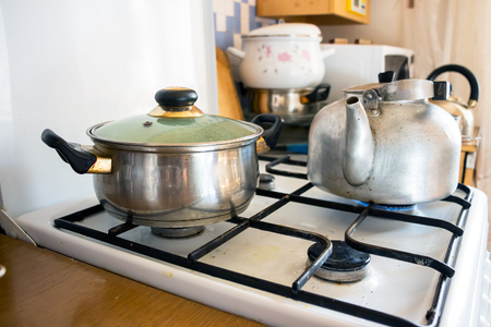Pot and kettle on a gas stove 2の写真素材