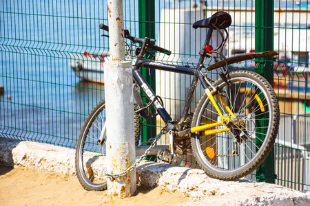 SAMARA, RUSSIA - JULY 14, 2017: Parked bicycle on the embankment of the Volga Riverのeditorial素材