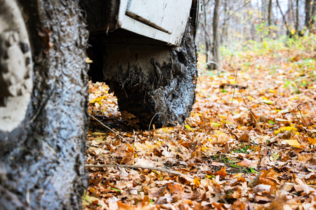 Dirty the wheels of the car after off-road. The car is in the autumn forest, fallen leaves. Selective focusの写真素材