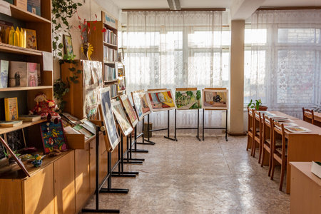 CHAPAEVSK, SAMARA REGION, RUSSIA - JANUARY 26, 2018: College in Chapaevsk city. Exhibition of...