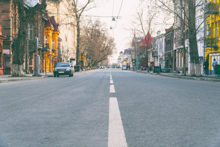 Russia, Samara, May 01, 2018: Quiet street in the city. Molodogvardeyskaya street in the city of Samaraのeditorial素材