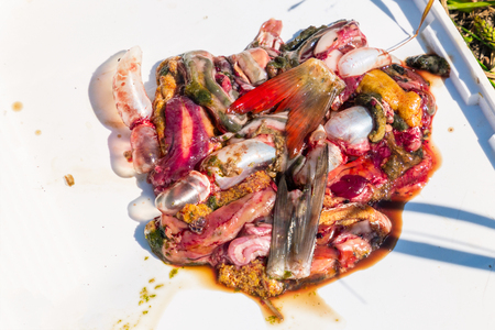 Fish guts offal on white. Selective focusの写真素材