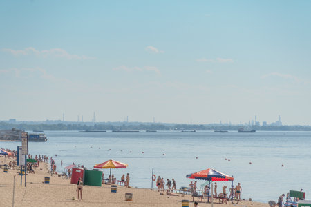 SAMARA, RUSSIA - JUNE 19, 2018: People on the beach. Volga riverのeditorial素材