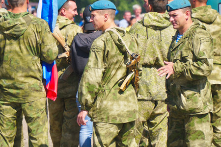 Samara, Russia - September 11, 2018: The military in blue berets with weapons are on the street....