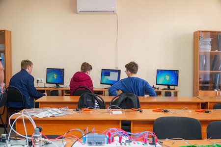 Chapaevsk, Samara region, Russia - April 17, 2019: College in Chapaevsk city. Students in front of computers in a computer classのeditorial素材