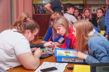 Chapaevsk, Samara region, Russia - April 17, 2019: College in Chapaevsk city. Robotics lesson with a...