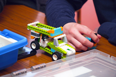 Chapaevsk, Samara region, Russia - April 17, 2019: College in Chapaevsk city. Lego car modelのeditorial素材