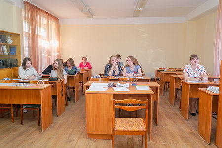 Chapaevsk, Samara region, Russia - April 17, 2019: College in Chapaevsk city. Students in the classroom at their desksのeditorial素材