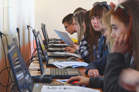 Chapaevsk, Samara region, Russia - April 17, 2019: College in Chapaevsk city. Students in a computer...