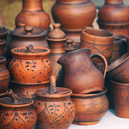 Handmade wooden utensils on the tableの写真素材