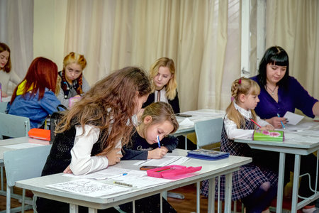 Chapaevsk, Samara region, Russia - October 15, 2019: Students in the classroom at their desks