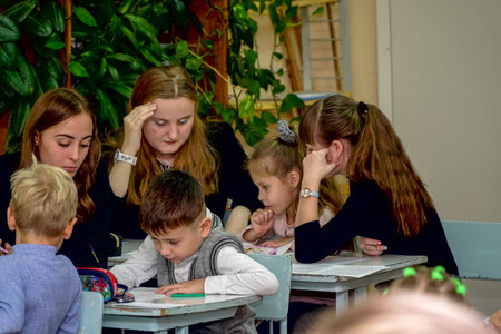 Chapaevsk, Samara region, Russia - October 15, 2019: Students in the classroom at their desksのeditorial素材