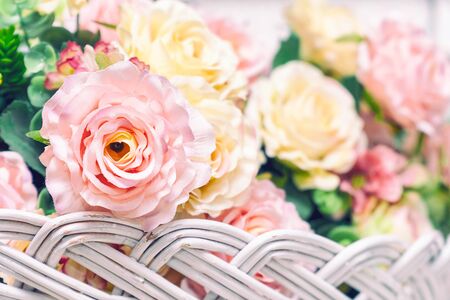 Bouquet of artificial pink roses close-up. Selective focusの写真素材