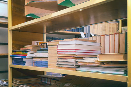 Chapaevsk, Samara region, Russia - May 06, 2019: Books on a shelf in the library. Selective focusのeditorial素材