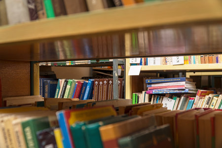 Chapaevsk, Samara region, Russia - May 06, 2019: Books on a shelf in the library. Selective focusのeditorial素材