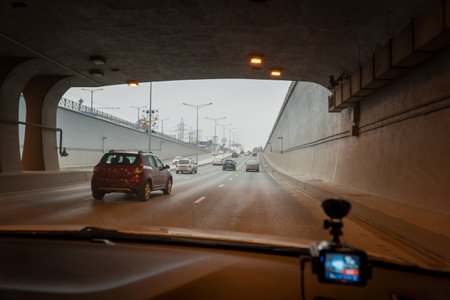 Samara, Russia - November 10, 2019: Cars leave the tunnelのeditorial素材
